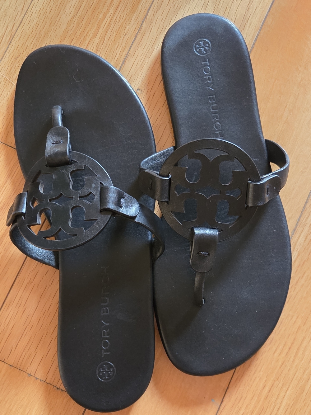 Tory Burch Black Leather Logo Thong Sandals
